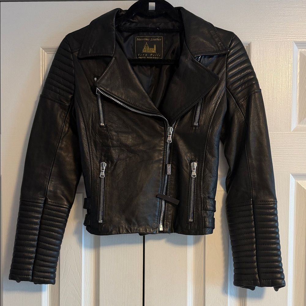 Massimo Black Leather Moto Jacket Quilted Motorcycle Biker Jacket NWT Size 42